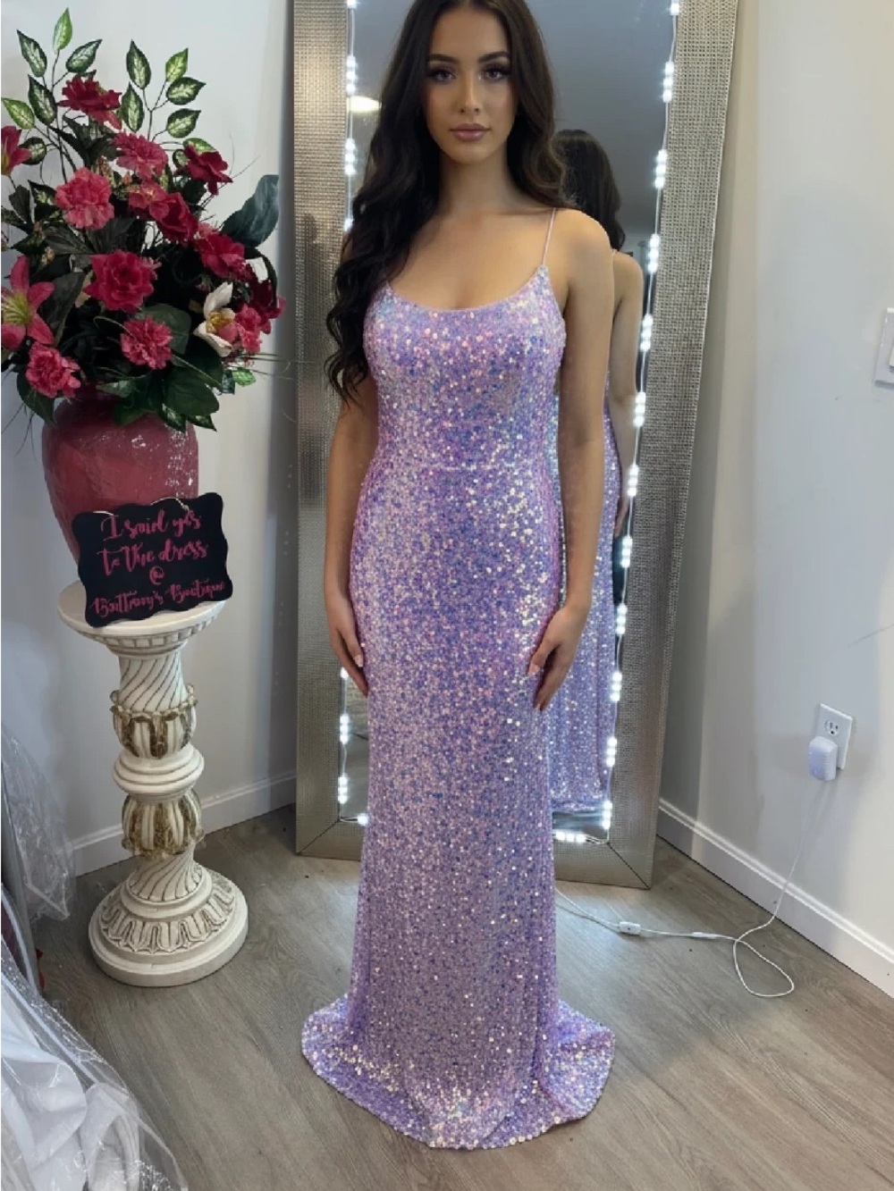 Jovani Lilac Sequin Spaghetti-Strap Gown